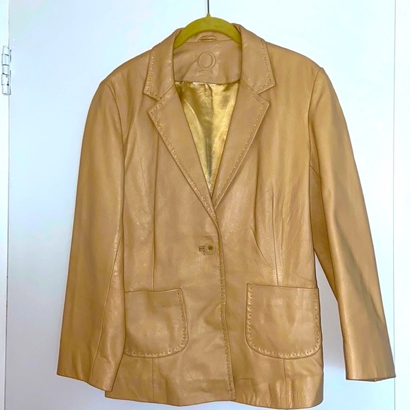 Vintage Jackets & Blazers - Leather Blazer🧥 Tan Cream jacket single button L coat blazer vintage retro 90’a
